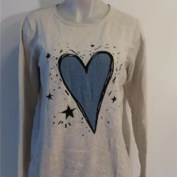 Womens Lisa Todd Gray Blue Hearts Cotton Cashmere Knit Sweater M - Picture 1 of 8